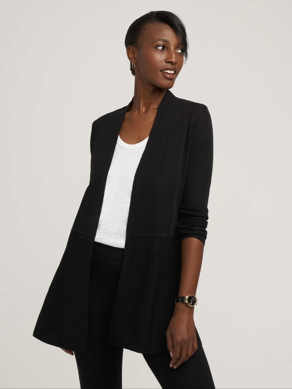 Anne Klein Black Longline Open Front Knit Cardigan Quiet Lux Minimalist